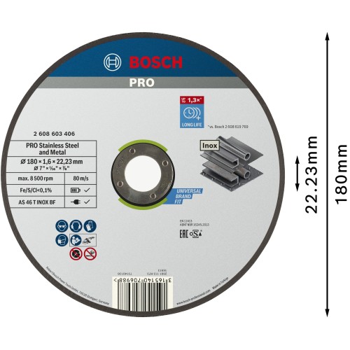 Disco de corte abrasivo PRO Stainless Steel and Metal, 180 x 1,6 x 22,23 mm, recto, oSa