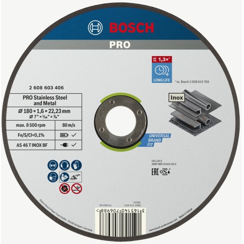 Disco de corte abrasivo PRO Stainless Steel and Metal, 180 x 1,6 x 22,23 mm, recto, oSa