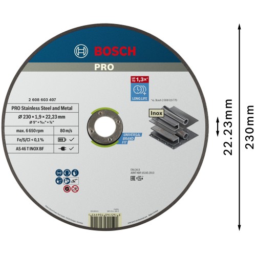 Disco de corte abrasivo PRO Stainless Steel and Metal, 230 x 1,9 x 22,23 mm, recto, oSa