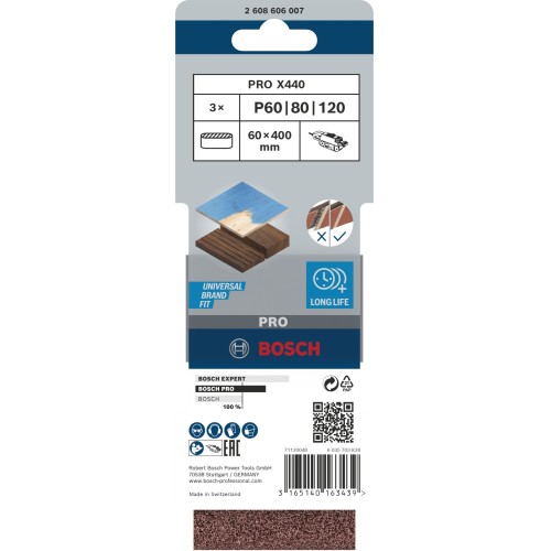 Banda de lija PRO X440, 60 x 400 mm, G60, G80, G100, 3 unidades