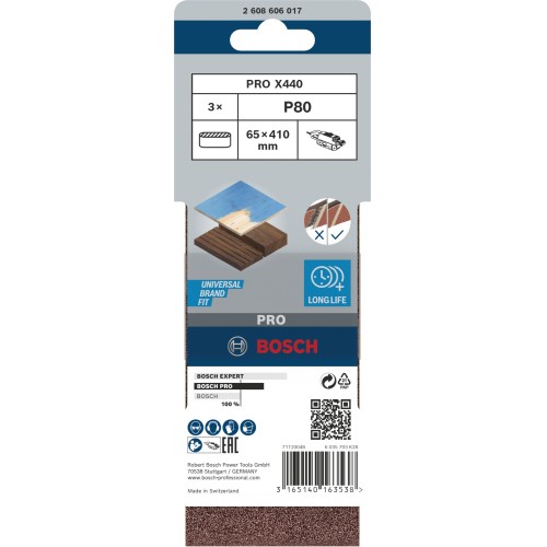 Banda de lija PRO X440, 65 x 410 mm, G80, 3 unidades