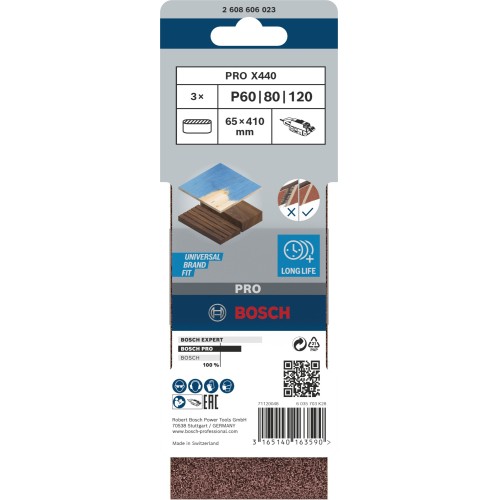 Banda de lija PRO X440, 65 x 410 mm, G60, G80, G100, 3 unidades