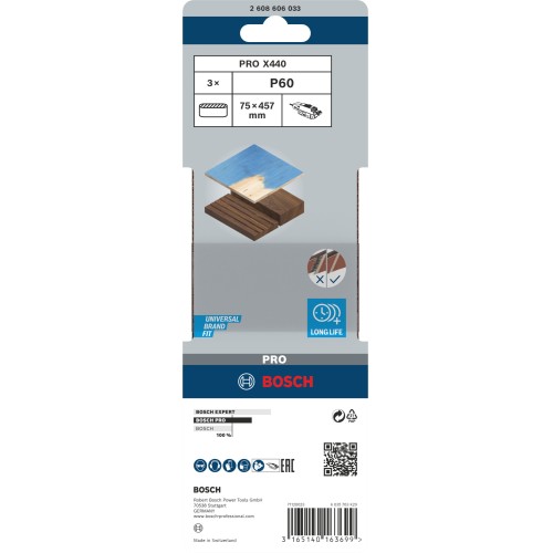 Banda de lija PRO X440, 75 x 457 mm, G60, 3 unidades