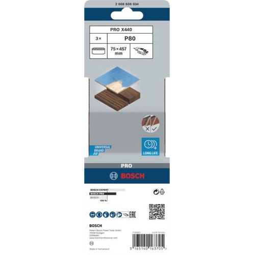Banda de lija PRO X440, 75 x 457 mm, G80, 3 unidades