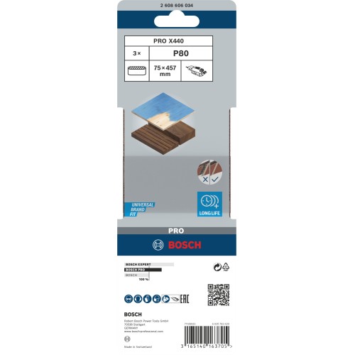 Banda de lija PRO X440, 75 x 457 mm, G80, 3 unidades