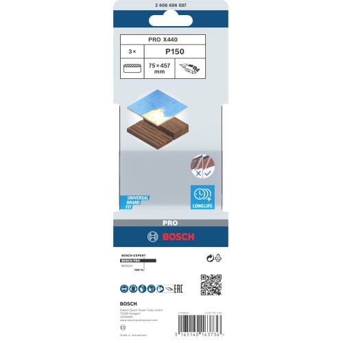 Banda de lija PRO X440, 75 x 457 mm, G150, 3 unidades