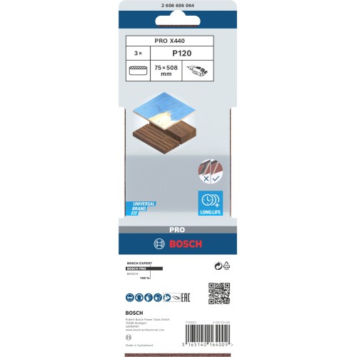 Banda de lija PRO X440, 75 x 508 mm, G120, 3 unidades