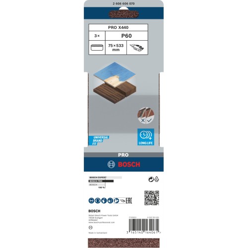 Banda de lija PRO X440, 75 x 533 mm, G60, 3 unidades