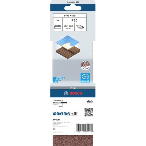 Banda de lija PRO X440, 75 x 533 mm, G80, 3 unidades