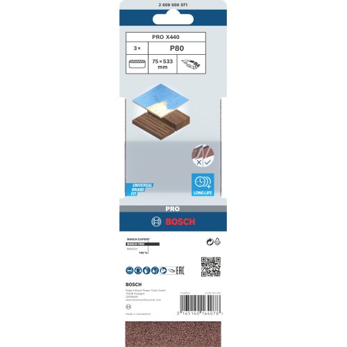 Banda de lija PRO X440, 75 x 533 mm, G80, 3 unidades