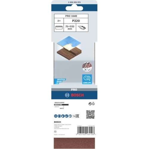 Banda de lija PRO X440, 75 x 533 mm, G220, 3 unidades