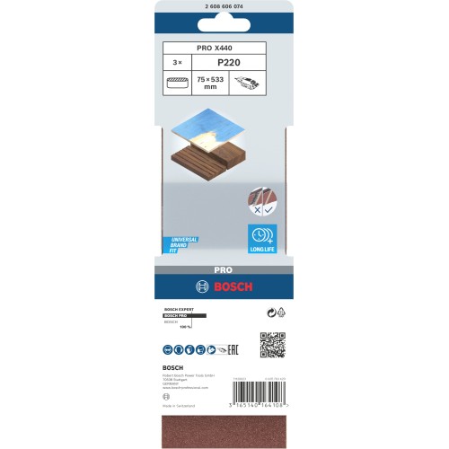 Banda de lija PRO X440, 75 x 533 mm, G220, 3 unidades
