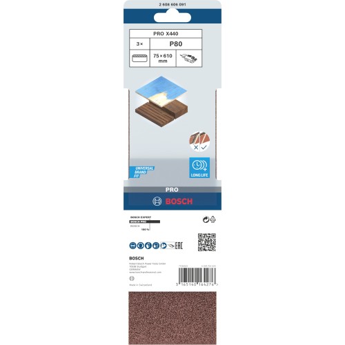 Banda de lija PRO X440, 75 x 610 mm, G80, 3 unidades