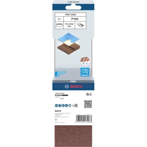 Banda de lija PRO X440, 75 x 610 mm, G100, 3 unidades