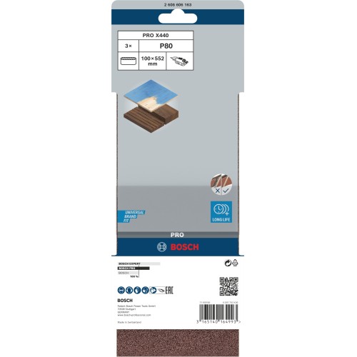 Banda de lija PRO X440, 100 x 552 mm, G80, 3 unidades