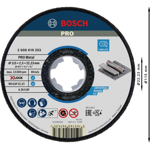 Disco de corte abrasivo PRO Metal, 115 x 2,5 x 22,23 mm, X-Lock, recto
