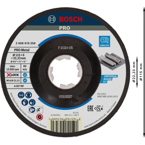 Disco de desbaste abrasivo PRO Metal, 115 x 6 x 22,23 mm, X-Lock