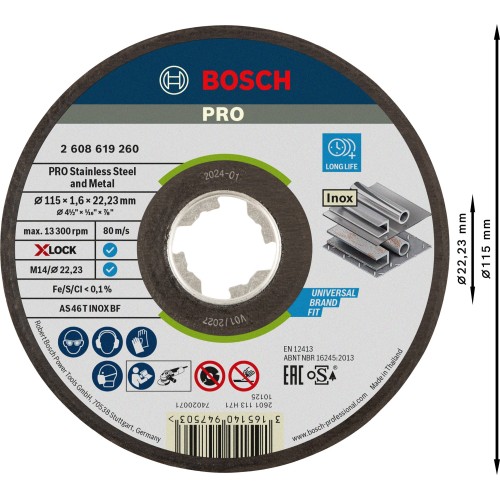 Disco de corte abrasivo PRO Stainless Steel and Metal, 115 x 1,6 x 22,23 mm, X-Lock, recto, oSa