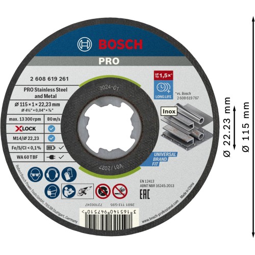 Disco de corte abrasivo PRO Stainless Steel and Metal, 115 x 1 x 22,23 mm, X-Lock, recto
