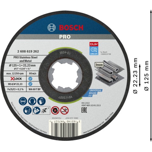 Disco de corte abrasivo PRO Stainless Steel and Metal, 125 x 1 x 22,23 mm, X-Lock, recto