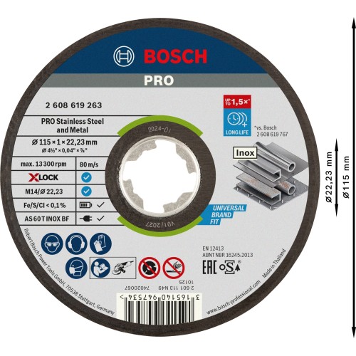 Disco de corte abrasivo PRO Stainless Steel and Metal, 115 x 1 x 22,23 mm, X-Lock, recto, oSa
