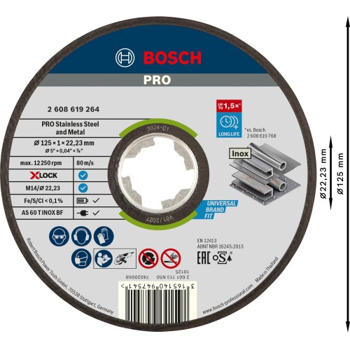 Disco de corte abrasivo PRO Stainless Steel and Metal, 125 x 1 x 22,23 mm, X-Lock, recto, oSa