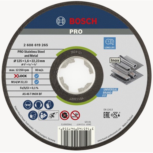 Disco de corte abrasivo PRO Stainless Steel and Metal, 125 x 1,6 x 22,23 mm, X-Lock, recto, oSa
