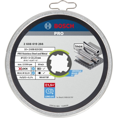Disco de corte abrasivo PRO Stainless Steel and Metal, 115 x 1 x 22,23 mm, X-Lock, recto, 10 unidades