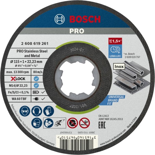 Disco de corte abrasivo PRO Stainless Steel and Metal, 115 x 1 x 22,23 mm, X-Lock, recto, 10 unidades