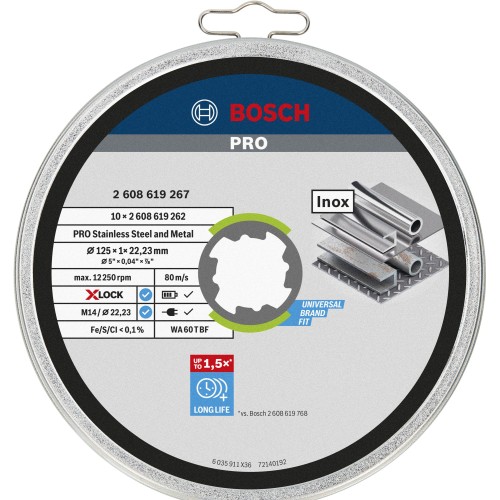 Disco de corte abrasivo PRO Stainless Steel and Metal, 125 x 1 x 22,23 mm, X-Lock, recto, 10 unidades