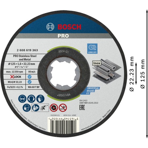 Disco de corte abrasivo PRO Stainless Steel and Metal, 125 x 1,6 x 22,23 mm, X-Lock, recto, 10 unidades