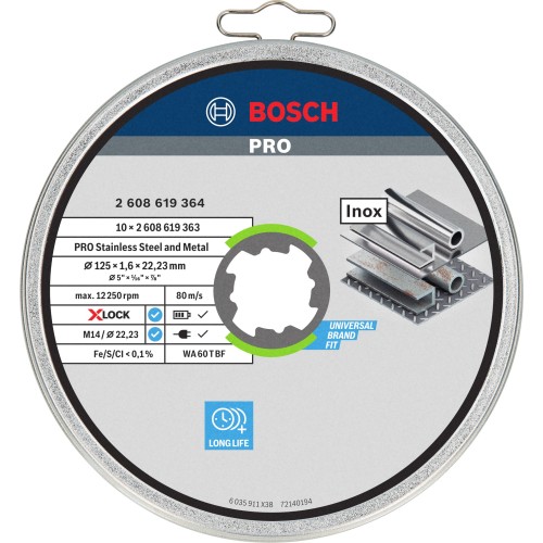 Disco de corte abrasivo PRO Stainless Steel and Metal, 125 x 1,6 x 22,23 mm, X-Lock, recto, 10 unidades