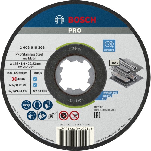 Disco de corte abrasivo PRO Stainless Steel and Metal, 125 x 1,6 x 22,23 mm, X-Lock, recto, 10 unidades