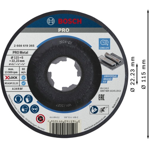 Disco de desbaste abrasivo PRO Metal, 115 x 6 x 22,23 mm, X-Lock