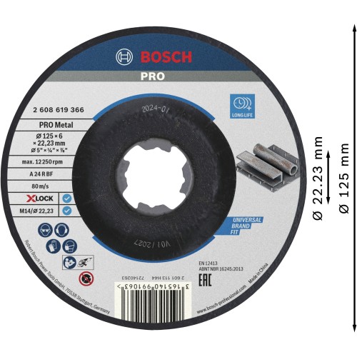 Disco de desbaste abrasivo PRO Metal, 125 x 6 x 22,23 mm, X-Lock