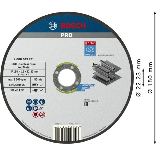 Disco de corte abrasivo PRO Stainless Steel and Metal, 180 x 1,6 x 22,23 mm, recto
