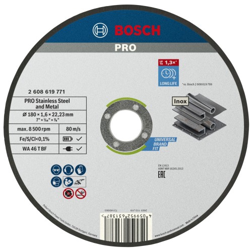 Disco de corte abrasivo PRO Stainless Steel and Metal, 180 x 1,6 x 22,23 mm, recto