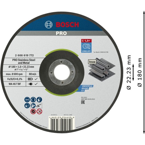 Disco de corte abrasivo PRO Stainless Steel and Metal, 180 x 1,6 x 22,23 mm, cóncavo