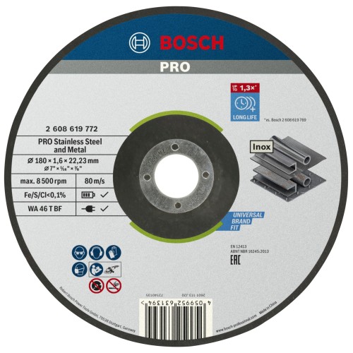Disco de corte abrasivo PRO Stainless Steel and Metal, 180 x 1,6 x 22,23 mm, cóncavo