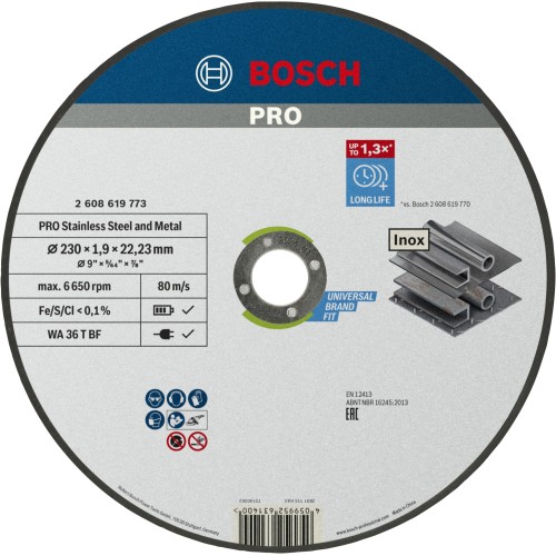 Disco de corte abrasivo PRO Stainless Steel and Metal, 230 x 1,9 x 22,23 mm, recto