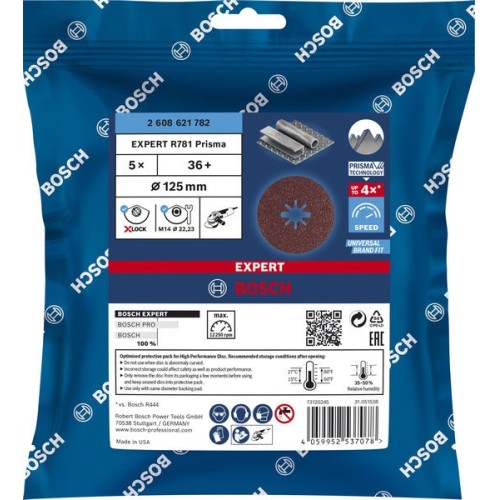 Disco de fibra EXPERT R781 Prisma Ceramic X-LOCK de 125 mm, 22,23 mm, G 36, 5 unidades