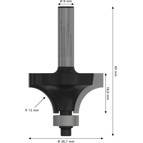 Broca fresadora para redondeo PRO, R 12, vástago de 8 mm