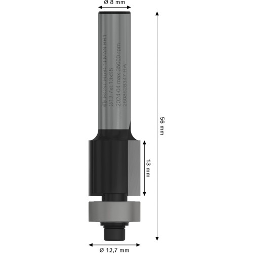 Broca fresadora de recorte al ras PRO con cojinete inferior, Ø 12,7 x L 13, vástago de 8 mm