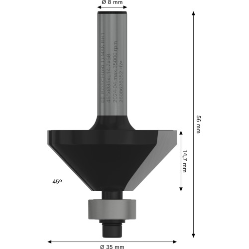 Broca fresadora para biseles PRO, 45°, vástago de 8 mm