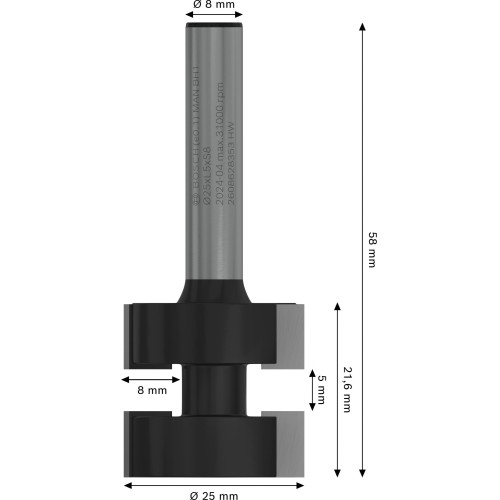Broca para uniones de lengüetas PRO, Ø 25 x L 5, vástago de 8 mm
