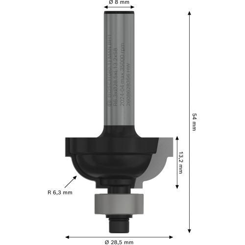 Broca fresadora PRO para moldura cóncava clásica, R 6,3, vástago de 8 mm