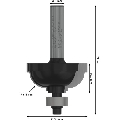 Broca fresadora PRO para moldura cóncava clásica, R 9,5, vástago de 8 mm