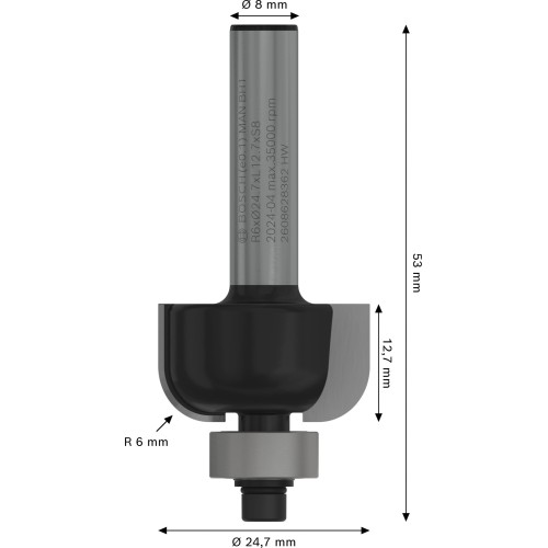 Broca fresadora PRO para moldura cóncava, R 6, vástago de 8 mm