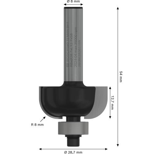 Broca fresadora PRO para moldura cóncava, R 8, vástago de 8 mm