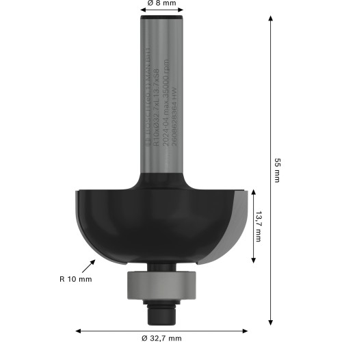 Broca fresadora PRO para moldura cóncava, R 10, vástago de 8 mm